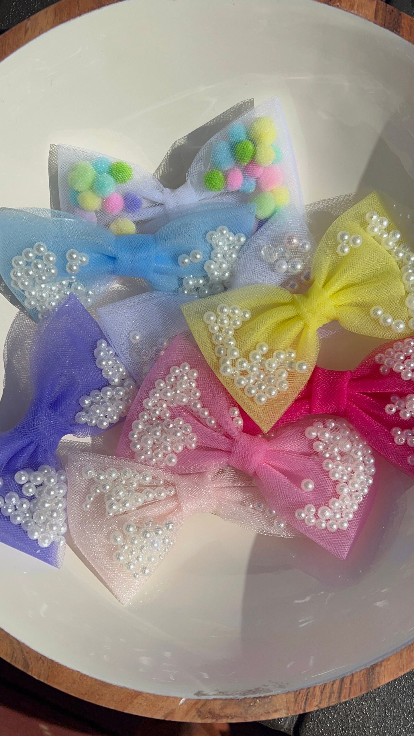 4” Tulle Hairbow Treasures: Enchanting Hairbows with Pompoms and Pearls, Easter Hairbows, Spring Hairbows, Clip Headband