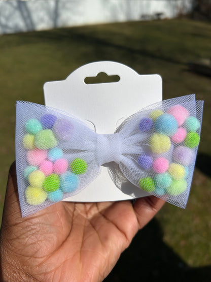 4” Tulle Hairbow Treasures: Enchanting Hairbows with Pompoms and Pearls, Easter Hairbows, Spring Hairbows, Clip Headband