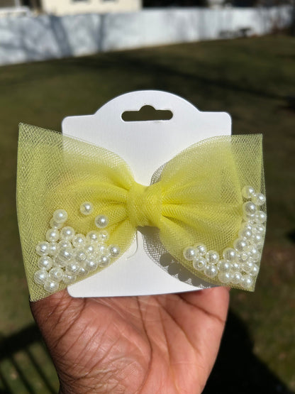 4” Tulle Hairbow Treasures: Enchanting Hairbows with Pompoms and Pearls, Easter Hairbows, Spring Hairbows, Clip Headband